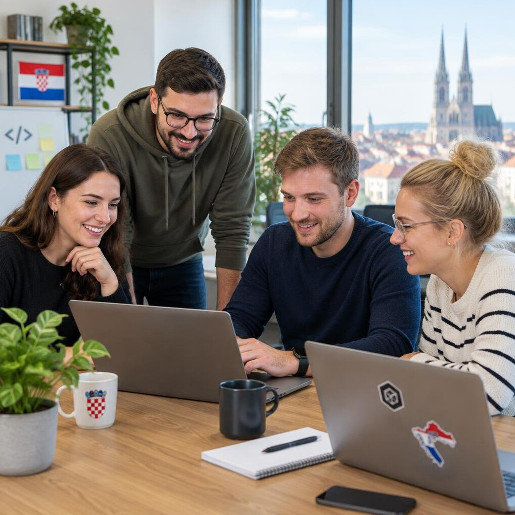 Team of software developers collaborating around laptops
